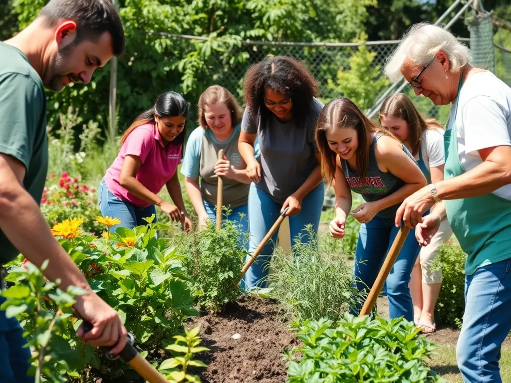 A vibrant community garden with diverse plants and people working together, illustrating UN BRIN DE JARDIN's community engagement initiative.