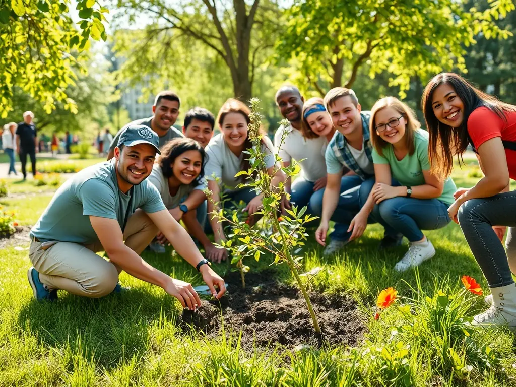 A vibrant image of volunteers planting trees in a community park, showcasing active participation and environmental stewardship.