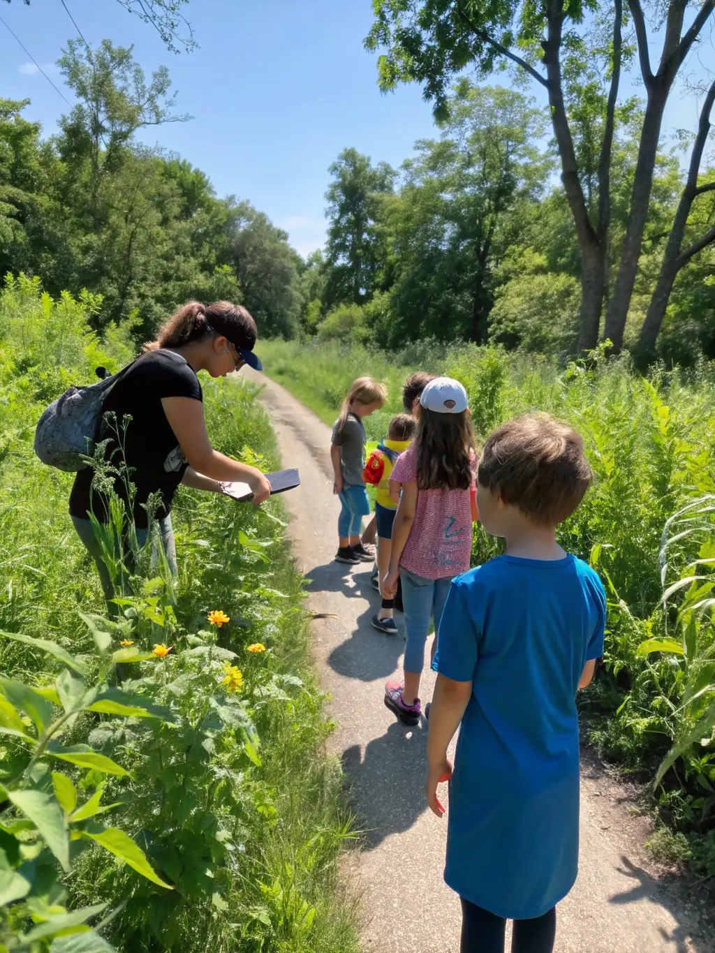 A group of students on a field trip, learning about plant life and ecosystems in a natural setting, guided by educators from UN BRIN DE JARDIN.