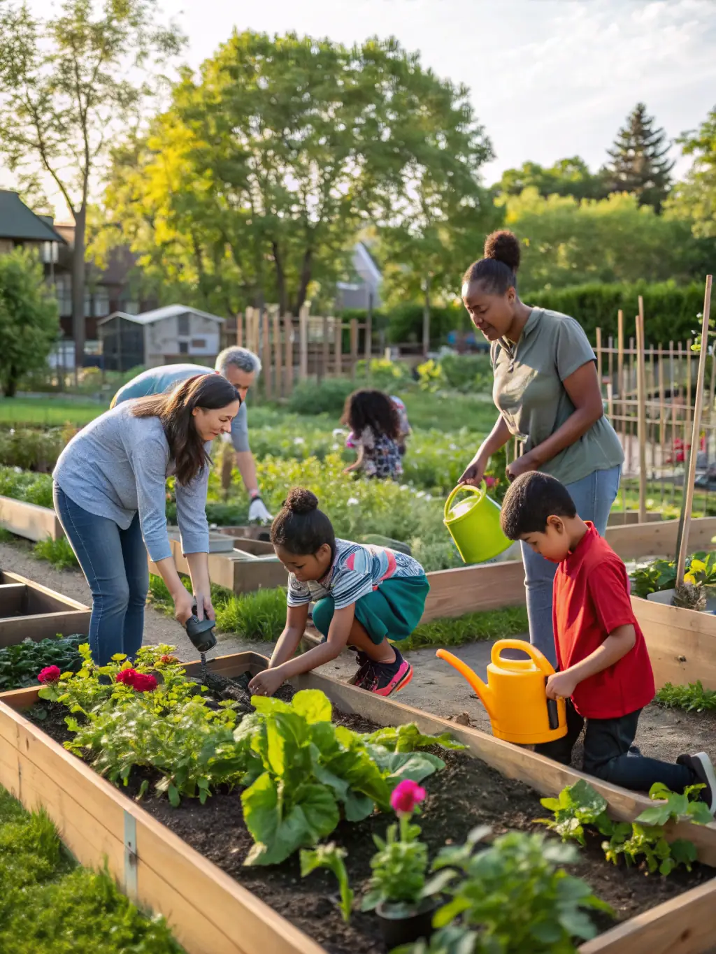 A vibrant photograph showcasing volunteers planting flowers in a community garden, with children participating and smiling, under the banner of UN BRIN DE JARDIN.