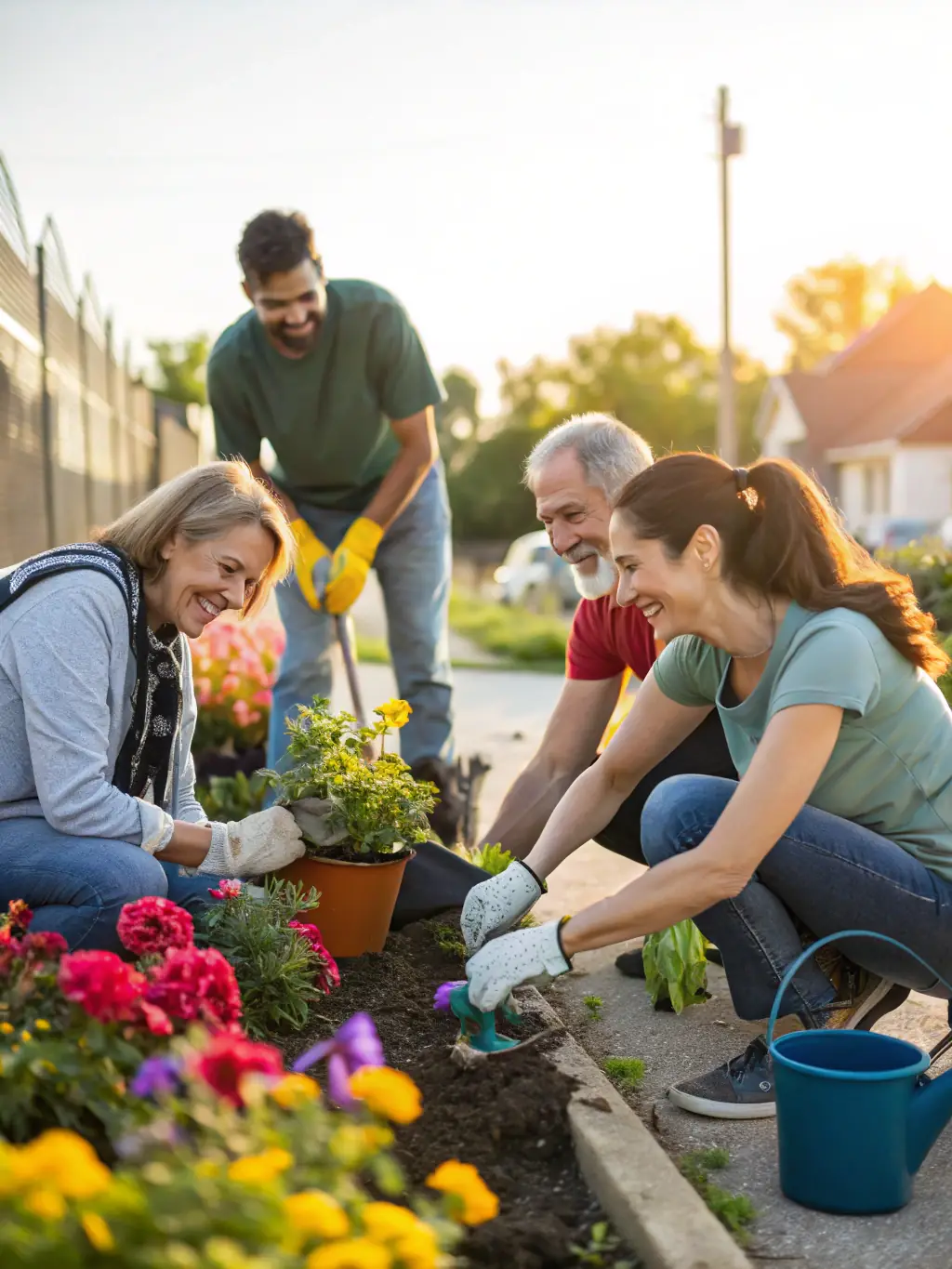 A vibrant image of volunteers planting flowers in a community garden, showcasing UN BRIN DE JARDIN's hands-on approach to environmental conservation.