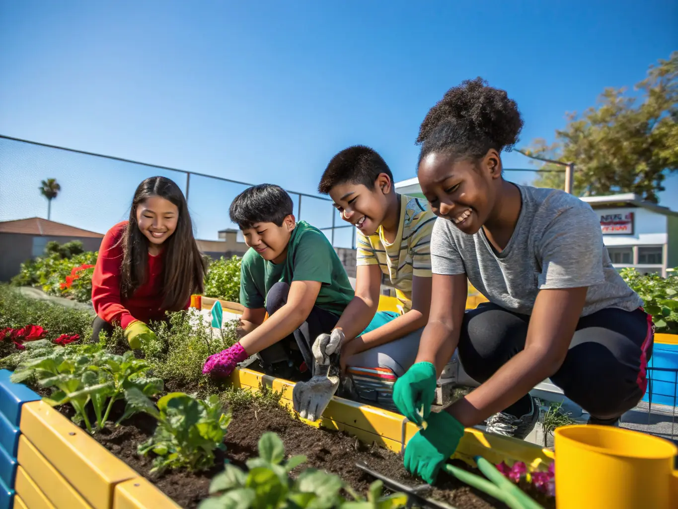 A group of students participating in a hands-on gardening workshop, showcasing UN BRIN DE JARDIN's educational programs.