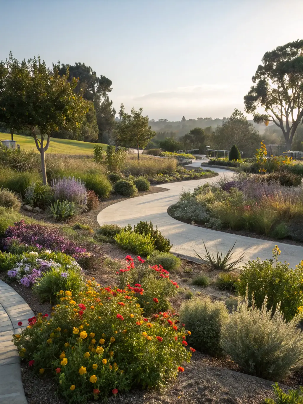 A photograph of a beautifully restored historical garden, showcasing the landscape architecture and plant varieties, with a plaque indicating UN BRIN DE JARDIN's involvement.