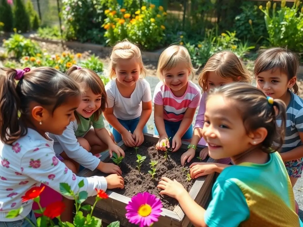 A photograph of children participating in a gardening workshop, learning about plant life and sustainable gardening techniques.