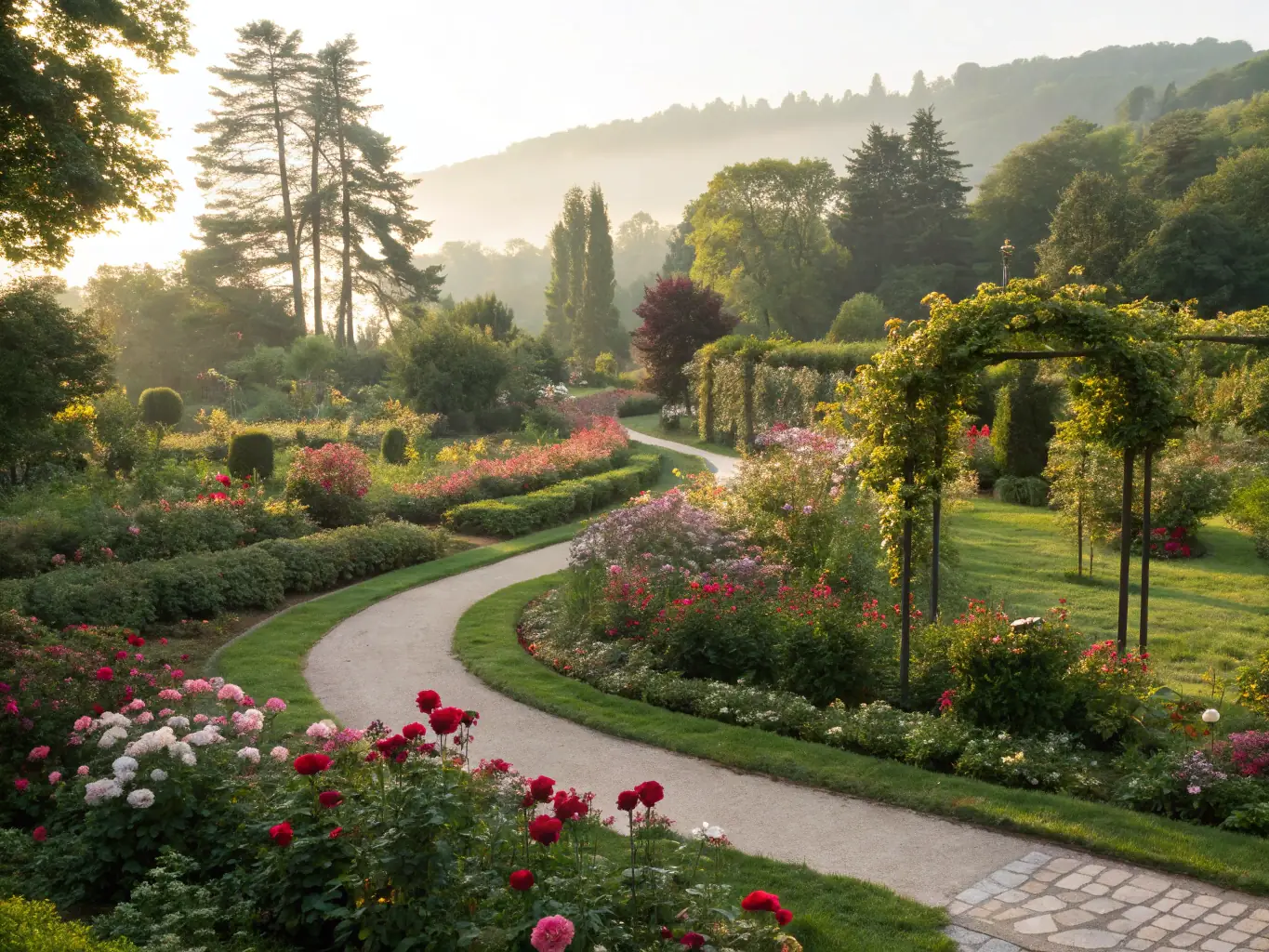 A picturesque scene of a restored historical garden, showcasing the beauty and cultural significance of landscape heritage.